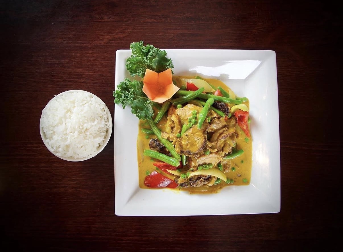 A curry and rice dish prepared at Sara Thai