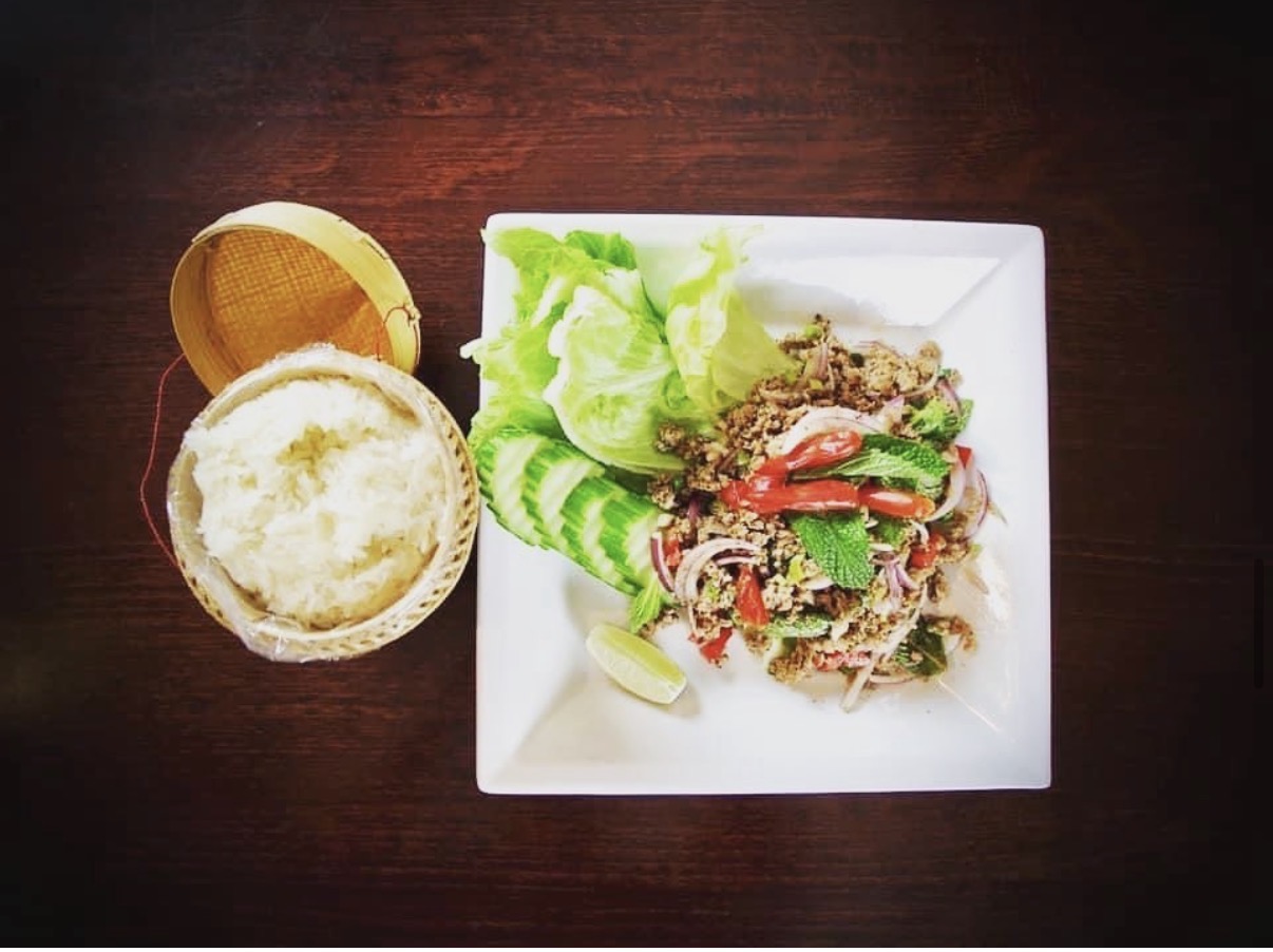 A spicy herb salad and sticky rice from Sara Thai